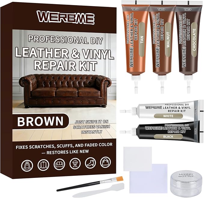 Leather & Vinyl Repair Kit, DIY Color Repair for Cracks,Scratches, Brown | Blendable Colors; Flexible Formula; Strong Adhesion; Smooth Finish; Fast Drying; Long-Lasting Repair