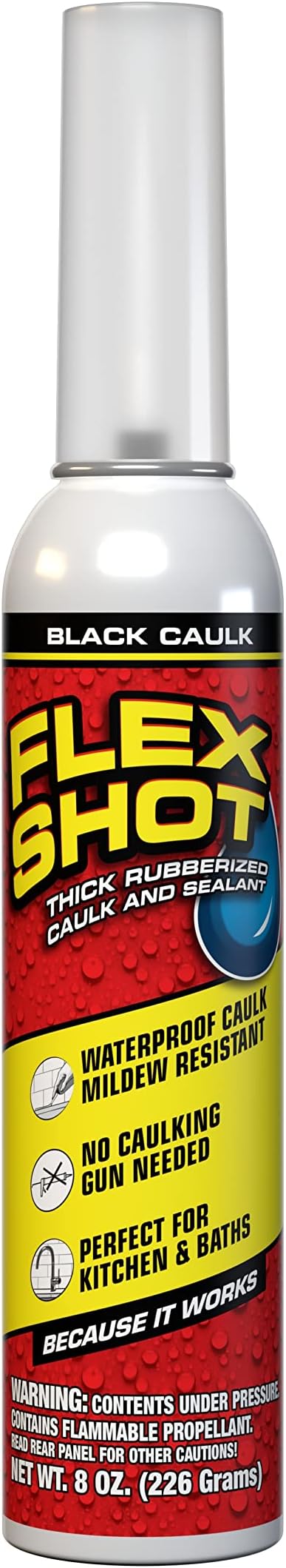 Flex Shot, Flexible Rubber Silicone Sealant, Waterproof Caulk, UV Resistant, No Caulk Gun Needed, Perfect for Kitchen, Bath, Showers, Sinks, Baseboards, Black, 8oz, 1-Pack