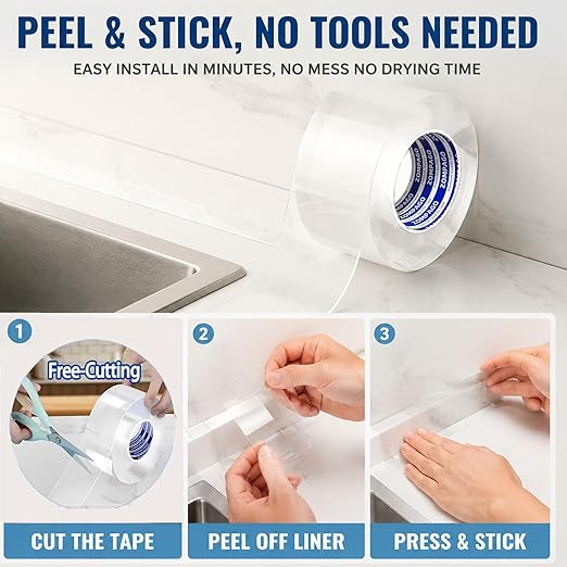 ZOMPAGO Caulk Tape 2in x 9.84FT Clear Waterproof Self Adhesive Caulking Tape Peel and Stick Caulk Strip for Bathroom Bathtub Toilet Kitchen Vanity Stain Resistant