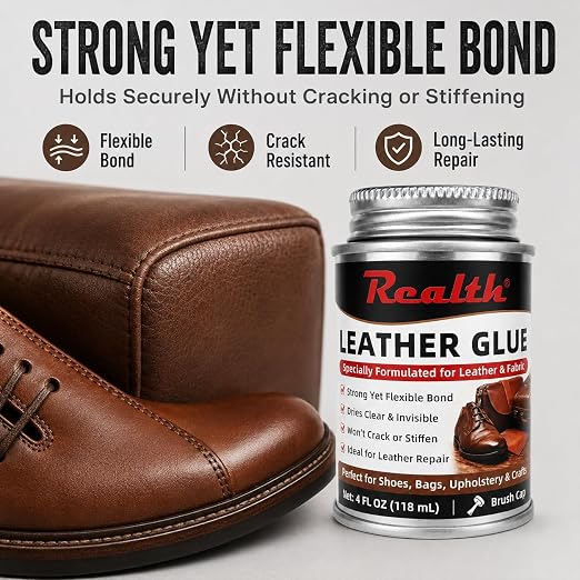 Realth Leather Adhesive Glue 4 oz Can, Heavy Duty Contact Cement - 2 Pack | Fast Drying Flexible Bond for Shoe Repair, Upholstery, Automotive Interior, Leather Craft, Fabric, Rubber & DIY Repairs