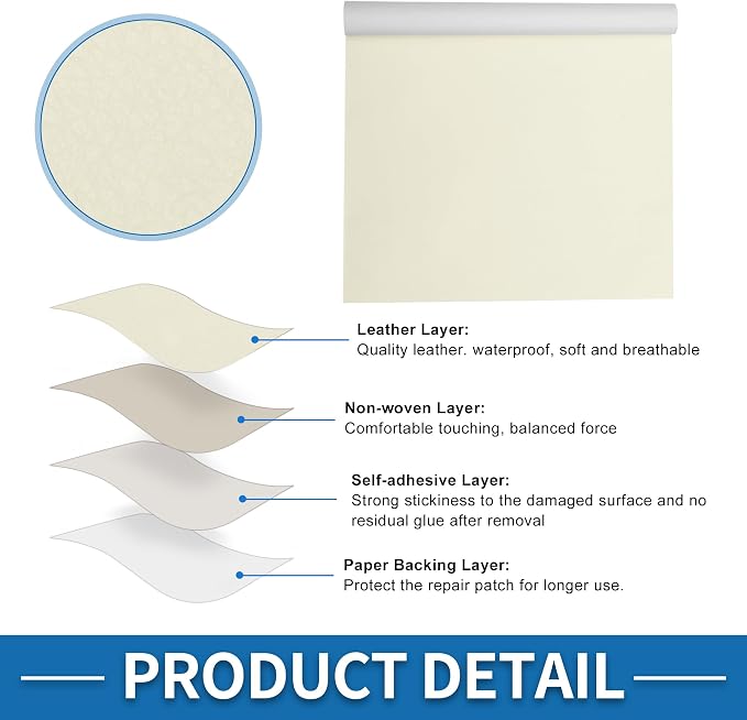 Self Adhesive Leather Repair Patch Strong Stickiness 39"x11.8" Leather Repair Tape PVC Faux Leather Beige White 1 Pcs