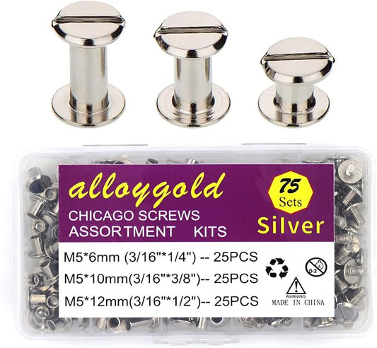 ALLOYGOLD 75 Sets Silver Chicago Screws 1/4 3/8 1/2 Leather Assorted Kit ，3 Sizes of Screw Rivets for Leather Rivet for DIY Belt Craft and Bookbinding (M5 X 6, 10, 12)