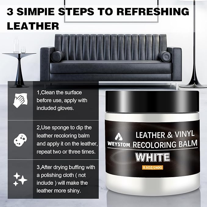 Leather Recoloring Balm - White Leather Repair Kit for Furniture, Dye, Recolor, Renew, Repair & Restore Aged, Faded, Cracked, Peeling and Scuffed