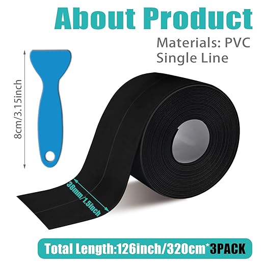 Black Caulk Tape 3 Pack, Bathroom Caulking Silicone Waterproof for Shower, Bathtub, Toilet Seal, Sink Edge Protector Kitchen Tape, Self-Adhesive Peel and Stick Removable Caulk Strip