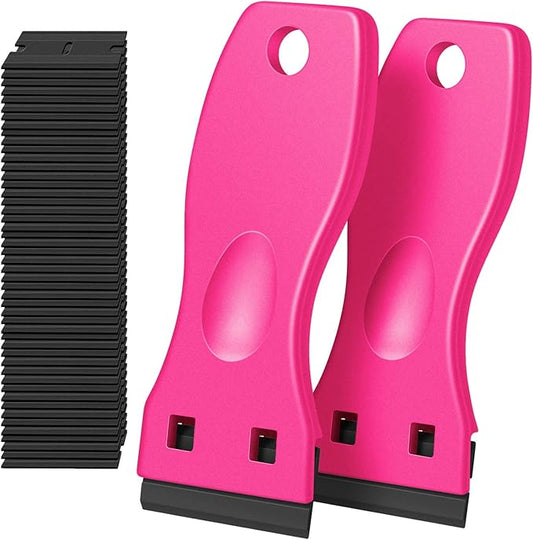 DEKEones Plastic Razor Blade Scraper, 2 Pack Razor Scraper with 100 Pcs Razor Blades for Removing Glue, Sticker, Decals, Tint from Car Window and Glass(Pink)