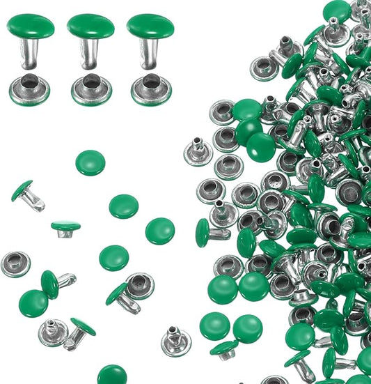 HARFINGTON 100 Sets Double Cap Leather Rivets, 6x6mm Round Cap Tubular Metal Studs Leather Crafting Rivets for Fabric Belt Pet Collar Boot Bag Repair and Decoration, Green