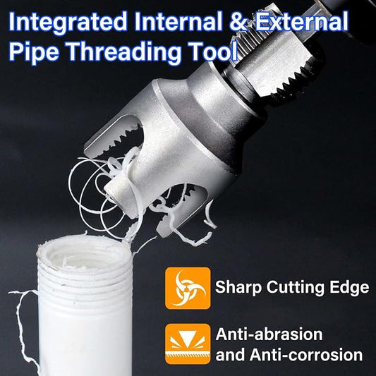 2PCS Integrated Internal & External Pipe Threading Tool, Dual-Function PVC Pipe Thread Cutting Tool with 1/2'' & 3/4'' Dies, Electric Drill Compatible Pipe Threader Kit for Home Repairs