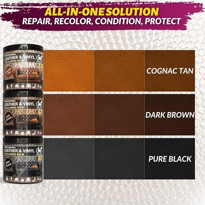 COCONIX Leather & Vinyl Recoloring Balm - Pure Black | Restore Faded, Worn, and Peeling Leather and Vinyl on Sofas, Chairs, and Car Seats | Vibrant Colors with Simple Application