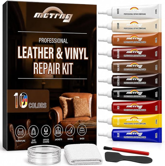 Leather & Vinyl Repair Kit for Car Seat & Interior, Furniture, Couch, Sofa | 10 Colors, No Skills Needed, for Scratch, Tear, Crack, Pet Damage, Hole on Faux Upholstery, Chair, Purse, Shoes, Jacket, RV