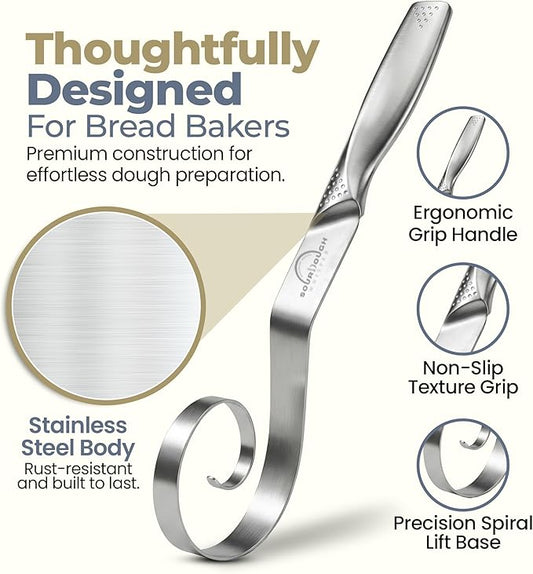 Seamless Dough Whisk, Stainless Steel Danish Dough Wisk, 9" Bread Whisk for Sourdough, Cookies, Pizza, Pastry, Dishwasher Safe Dough Hook