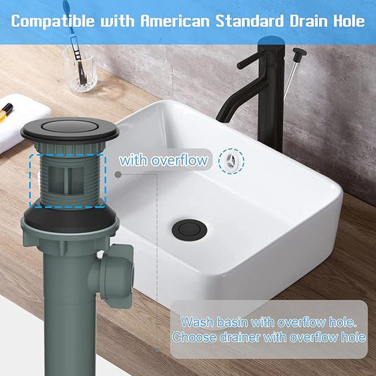 Hibbent 2 Pack Universal Bathroom Sink Drain with Overflow, Push and Seal Pop Up Drain Stopper with Lift Rod, Compatible with Moen, American Standard Bathroom Lavatory Vanity Vessel, Matte Black