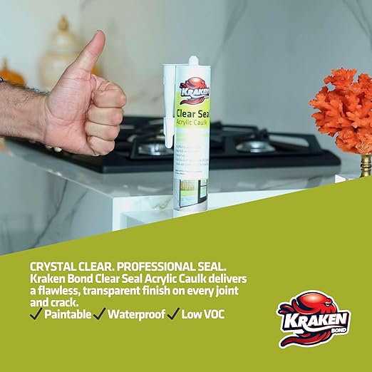 Kraken Bond Clear Seal Latex Caulk – (1x10.5 fl.oz.) Extrudes White - Dries Clear, Low VOC, Paintable, Kitchen & Bath, Interior/Exterior Window Caulking Sealant, for Wood, Brick, Concrete - 1 Pack