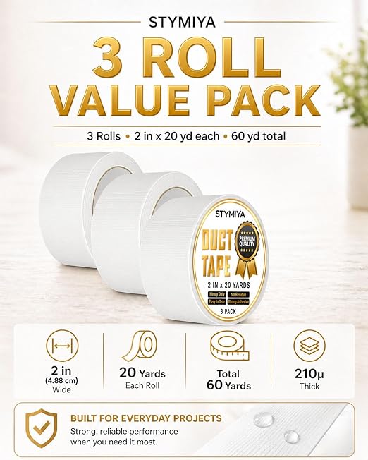 White Duct Tape Heavy Duty: Wide Waterproof Outdoor Duck Furniture Repair Tape Bulk - Strong Adhesive Weather UV Resistant No-Residue Masking Tapes Patterns Variety Pack (3, White)