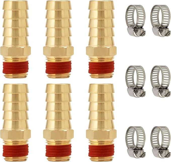 SUNGATOR 6-Pack 1/2" Barb to 1/4" NPT Air Hose Fittings, Brass Air Hose Repair Kit with Sealant, 1/2" to 1/4" NPT Male Brass Fittings, Barbed Gas Line Repair Connectors with 6 Clamps