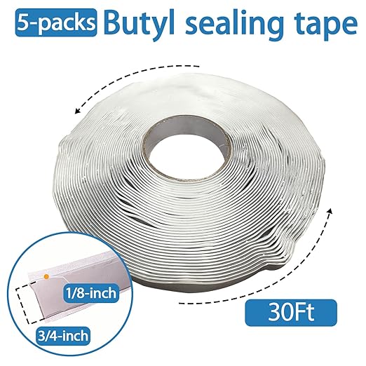 5-Pack Grey Butyl Putty Tape 1/8-Inch x 3/4-Inch x 30-Foot for RV Repair,Boat Sealing ,EDPM Rubber Roof Patching ,Window Repair, Vent Sealing and Home Repair