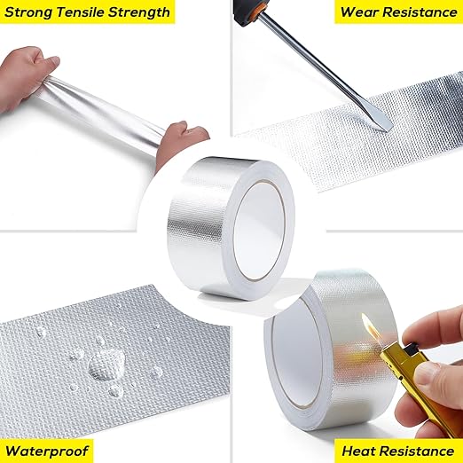 Aluminum Foil Heat Shield Tape, Silver Self-Adhesive Reflective Heat Resistant Thermal Foil Tape, Fiberglass Heat Shielding Cool Tapes for Hose and Auto Use