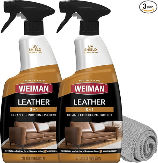 Weiman Leather Cleaner & Conditioner - Cleans, Restores & Protects Leather, UV Protection Prevent Cracking & Fading, For Car Seats, Sofas, Shoes, Bags & All Finished Leather Surfaces, 2 Pack, 22 FL Oz