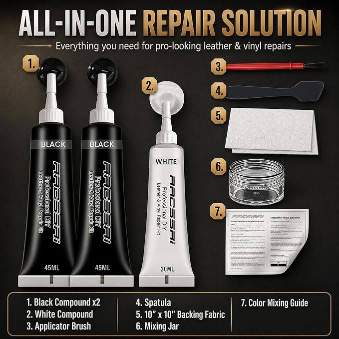 ARCSSAI Black Leather & Vinyl Repair Kit, Sofa, Jacket, Car Seats and Purse. Leather Repair Kit. Super Easy Instructions to Match Any Color, Restore Any Material, Bonded, Italian, Pleather, Genuine
