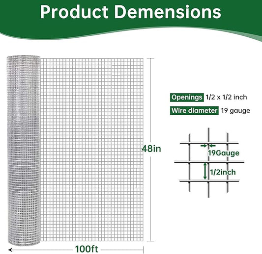 AMAGABELI GARDEN & HOME Hardware Cloth 1/2 Inch 48inch x 100ft 19 Gauge Chicken Wire Fence Weld Wire Fence Mesh Roll Garden Fencing Border Plant Support Poultry Netting Snake Fence Gopher Wire