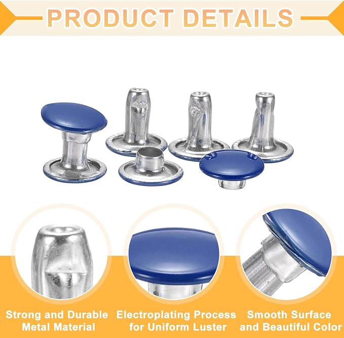 uxcell 120Set Leather Rivets, 8mm Double Cap Rivet Tubular Metal Studs Repairs Decoration Craft Accessories for Repair Decorate Leather Craft Belt Bag Shoes Purse Belts, Deep Blue