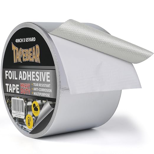 TAPEBEAR Fiberglass Aluminized Foil Tape 4inch x 65Yards, Heat Shield Thermal Barrier Adhesive Backed Heat Reflective Tape Cool Tape for Air Dryer Vent, HVAC, Heating Unit, Auto, Pipe, 196Ft