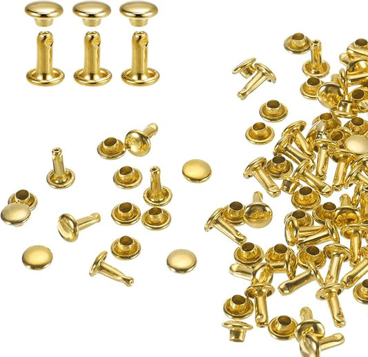 HARFINGTON 100 Sets Double Cap Leather Rivets, 6x8mm Round Cap Tubular Metal Studs Leather Crafting Rivets for Fabric Belt Pet Collar Boot Bag Repair and Decoration, Gold