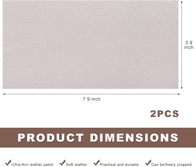 2 PCS Leather Repair Patch Tape, 4 x 8 Inch Self-Adhesive PU Vinyl Repair Kit Cuttable Patches, Portable Super-Thin Leather Patch Tape for Repairing Car Seats Sofas Chairs (Light Gray)