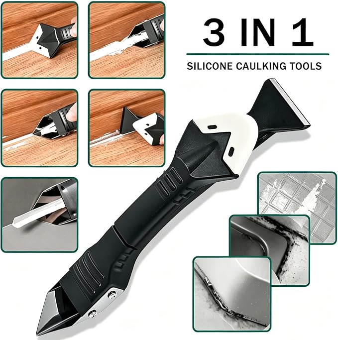 3-in-1 Silicone Caulking Tool – Stainless Steel Caulk Remover & Sealant Finishing Scraper, Grout Removal Tool, Caulk Edger & Seam Repair Kit for Bathroom, Kitchen, Floor, Window, Sink Joints