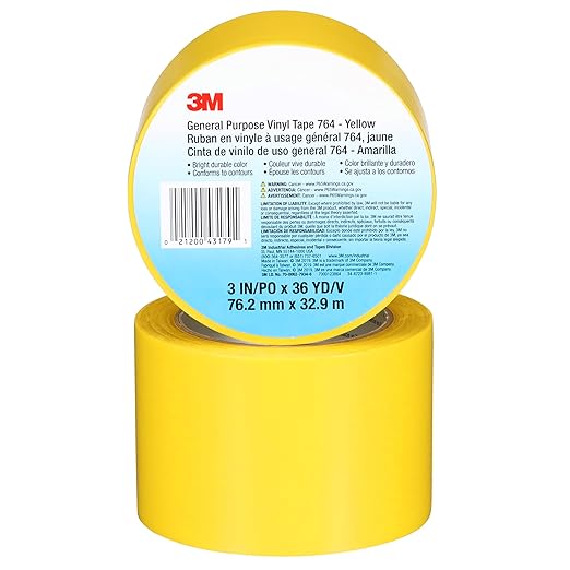 3M Vinyl Tape 764, General Purpose, 3 in x 36 yd, Yellow, 1 Roll, Light Traffic Floor Marking Tape, Social Distancing, Color Coding, Safety, Bundling