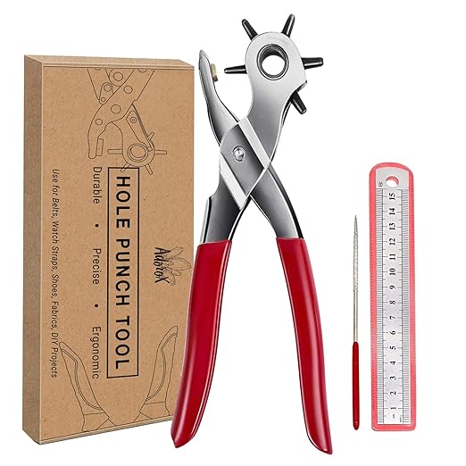 Adorox Heavy Duty Belt Hole Puncher for Leather – 6 Size Revolving Leather Hole Punch Tool with Ruler & Deburring File, Perfect for Belts, Straps, DIY Leathercraft, and Repair