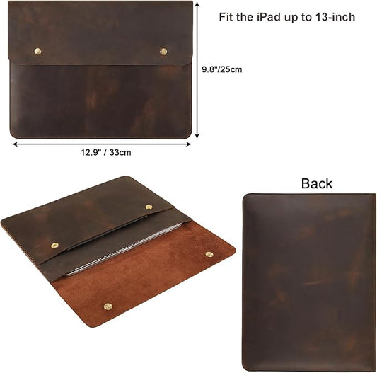 Leather Tablet Sleeve for 11/12.9/13 Inch iPad Pro, Document Holder Folio File Holder, Genuine Leather Sleeve iPad Case for Protection and Style-Dark Khaki-Custom