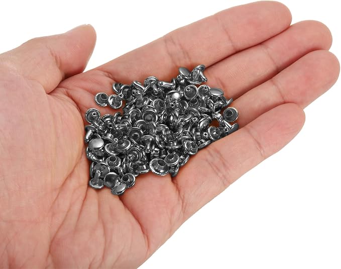 HARFINGTON 100 Sets Double Cap Leather Rivets, 6x6mm Round Cap Tubular Metal Studs Leather Crafting Rivets for Fabric Belt Pet Collar Boot Bag Repair and Decoration, Gunmetal