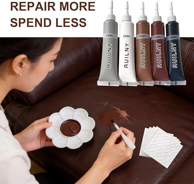 Leather Repair Kit for Furniture, Sofa, Jacket, Car Seats & Purse. Fix Tears, Scratches, Holes & Peeling on Genuine, Faux, Bonded.（5 Colors）