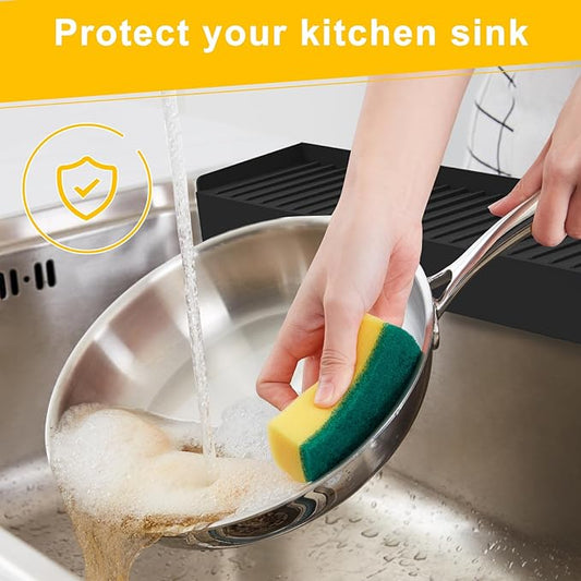 Silicone Sink Edge Protectors - Multifunction Accessories, Splash Guard & Draining Mat for Kitchen, Bathroom Sink, Steel, Granite, Quartz Countertops (Black, 4 * 14in)