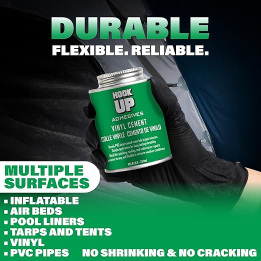 HOOK UP Vinyl Cement – Waterproof Pool Liner Repair Glue for Vinyl & PVC, Fast-Drying Flexible Contact Cement for Inflatables, Air Mattresses, Boats, Tarps, Hot Tubs & Pool Patch Repairs (8 oz)