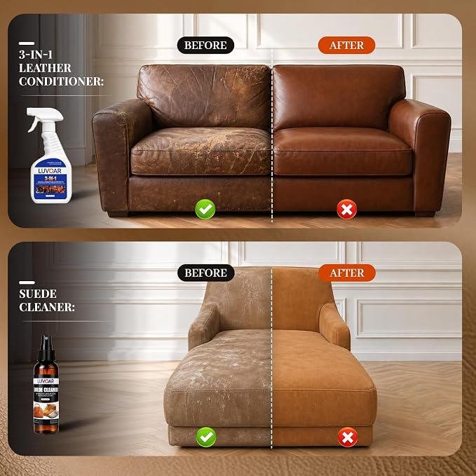Leather Cleaner and Conditioner Kit - and More for Car Interiors, Apparel, Furniture, Boots & Accessories - with Microfiber Brush & Microfiber Cloth 2 Bottles (8 oz Each)