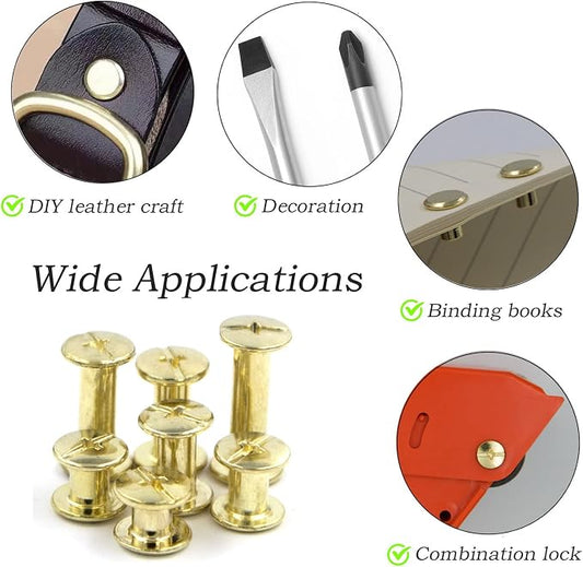 ALLOYGOLD 75 Sets Gold Chicago Screws 1/4 3/8 1/2 Leather Assorted Kit ，3 Sizes of Screw Rivets for Leather Rivet for DIY Belt，Bag Craft and Bookbinding (M5 X 6, 10, 12)