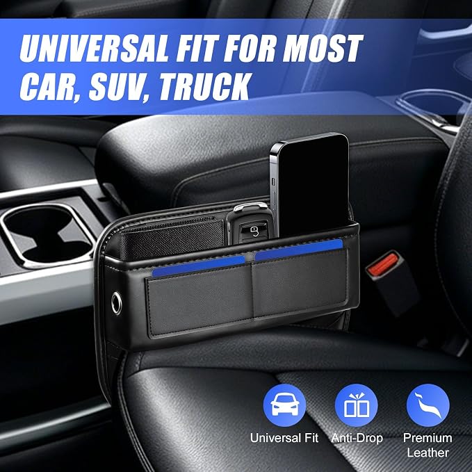 Premium Leather Car Seat Gap Filler Organizer, Universal Fit | Prevent Item Drops; Durable Waterproof Leather; Tool-Free Universal Fit; Extra Storage