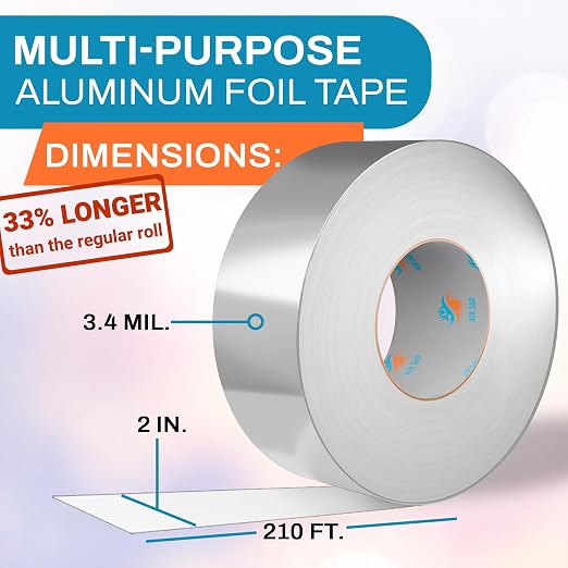 Air 360 Aluminum Foil Tape 2 Inch x 210 FT - HVAC Foil Tape for Ductwork, Dryer Vent, AC & Pipe Insulation - Heavy Duty High Temp Heat Resistant Metal Duct Tape, Waterproof Aluminum HVAC Tape