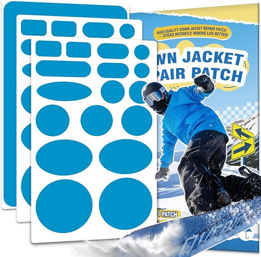 OAZ 35Pcs Down Jacket Repair Patch Kit Pre-Cut Nylon Patches for Clothes Self-Adhesive Fabric Tape Waterproof Lightweight Outdoor Gear Tenacious Repair Tape for Puffer Jacket Coat Tent Backpack(Blue)