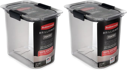Rubbermaid Brilliance 12-Cup Airtight Food Storage Container,Perfect for Pantry Staples,Clear/Grey,(Pack of 2)