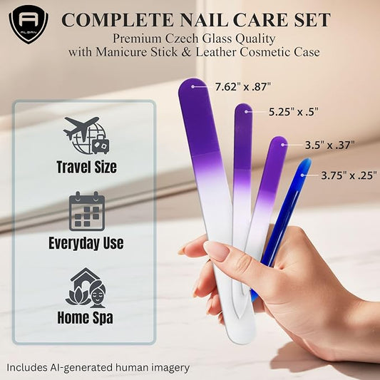 Alban Czech Glass Nail File Set with Manicure Stick & Vegan Leather Cosmetic Case (Purple Nail Files, Royal Manicure Stick & Cream Cosmetic Case)
