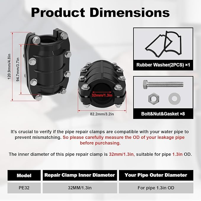 Pipe Repair Clamp 1-1/4 inch, Water Pipe Leak Repair Clamp, Pipe Repair Kit for Plastic and Metal Pipes, Leak Stopper with Anti-Impact, Suitable for Pipes 32MM OD