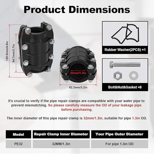 Pipe Repair Clamp 1-1/4 inch, Water Pipe Leak Repair Clamp, Pipe Repair Kit for Plastic and Metal Pipes, Leak Stopper with Anti-Impact, Suitable for Pipes 32MM OD