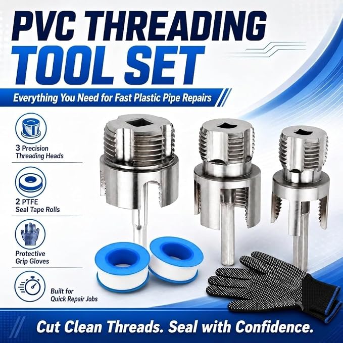 PVC Pipe Threader Kit, Internal And External Threading Tool For 1/2 3/4 1 Inch Plastic Pipes, Drill Compatible Pipe Thread Cutting Tool Set With 3 Hex Adapters, Gloves And Thread Seal Tape