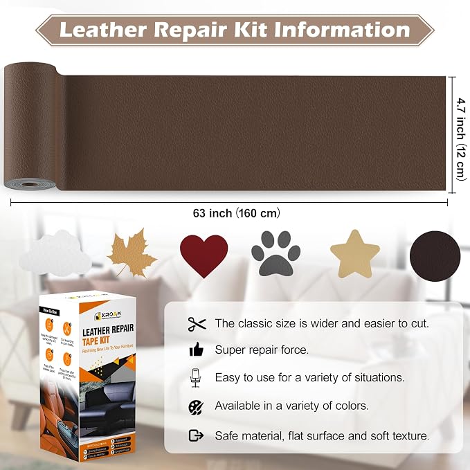 Leather Repair Tape, 4.7x63 inch Leather Patches for Furniture, Self Adhesive Leather Repair Patch for Sofas, Couches, Leather Covers, Seats, Chairs, Vinyl Repair Tape Dark Brown-Fine Grain