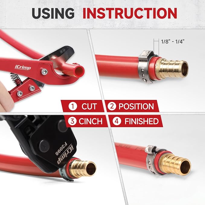 iCrimp PEX Pipe Clamp Crimping Tool Kit, Cinch Crimper Tool for Stainless Steel Clamps from 3/8-inch to 1-inch with 1/2-inch 20pcs SS PEX Clamps and 12pcs 1/2-inch Pex Fittings