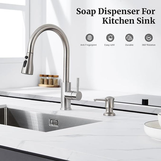 Soap Dispenser for Kitchen Sink Brushed Nickel, Built-in and Refill-from-Top Design with Liquid Hand & Dish Soap Bottle