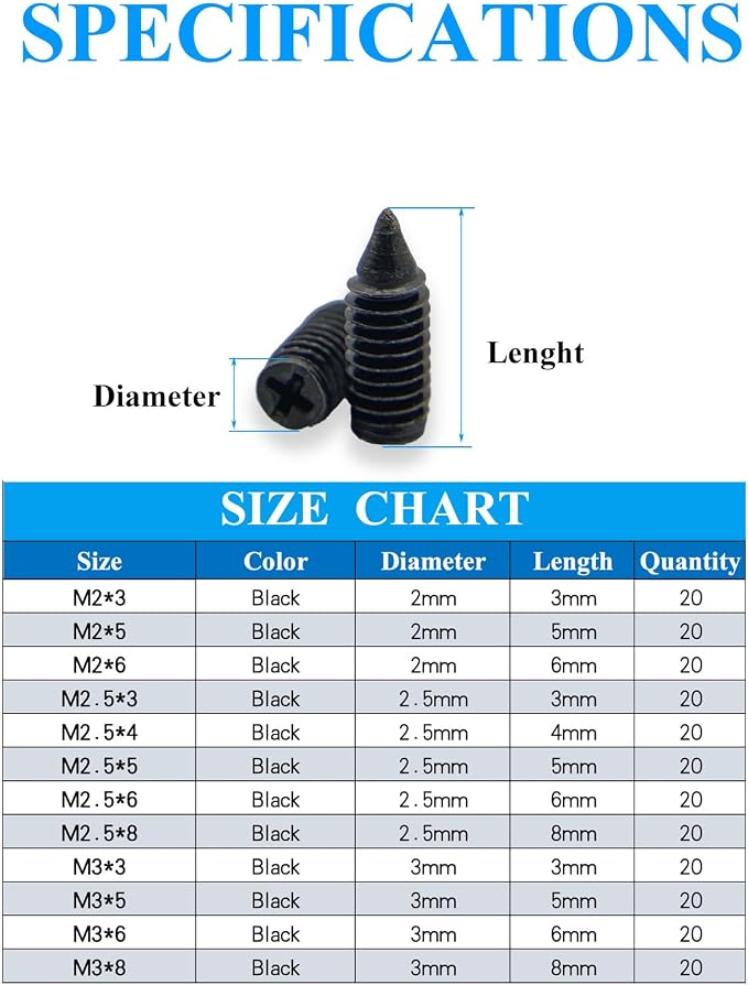 240 pcs Nickel Plated Tip Screws Pointed Cross Slot Leather Accessories 12 Sizes Belt Screws Include M2*3-M2*6, M2.5 * 3-M2.5 * 8, M3*3-M3*8 with 2mm Screwdriver for Belt Buckle Wallet Handbag Black