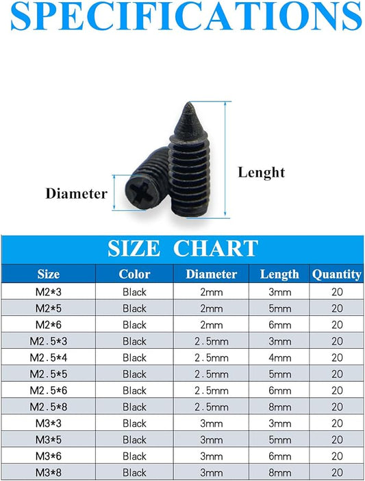 240 pcs Nickel Plated Tip Screws Pointed Cross Slot Leather Accessories 12 Sizes Belt Screws Include M2*3-M2*6, M2.5 * 3-M2.5 * 8, M3*3-M3*8 with 2mm Screwdriver for Belt Buckle Wallet Handbag Black
